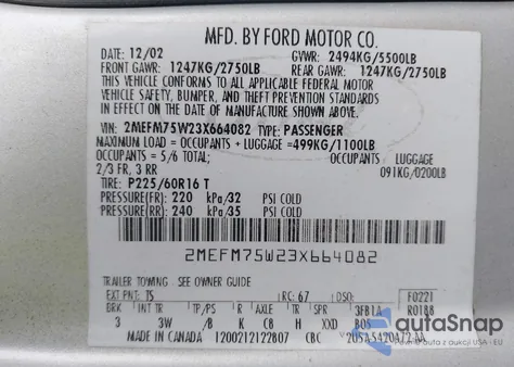 2003 Mercury Grand Marquis Ls из США, поврежденный, VIN 2MEFM75W23X664082